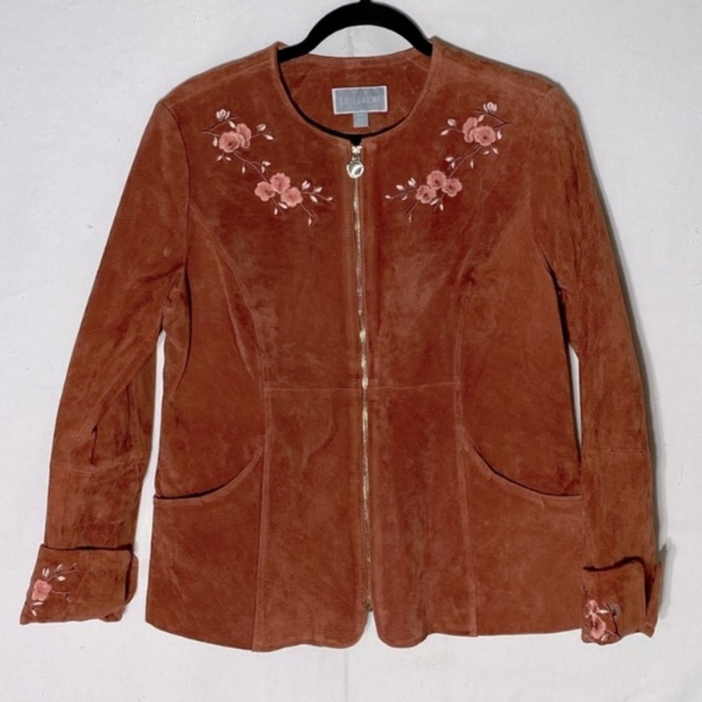 Vintage Guillaume Coral Orange Full Zip Embroidered Suede Jacket M